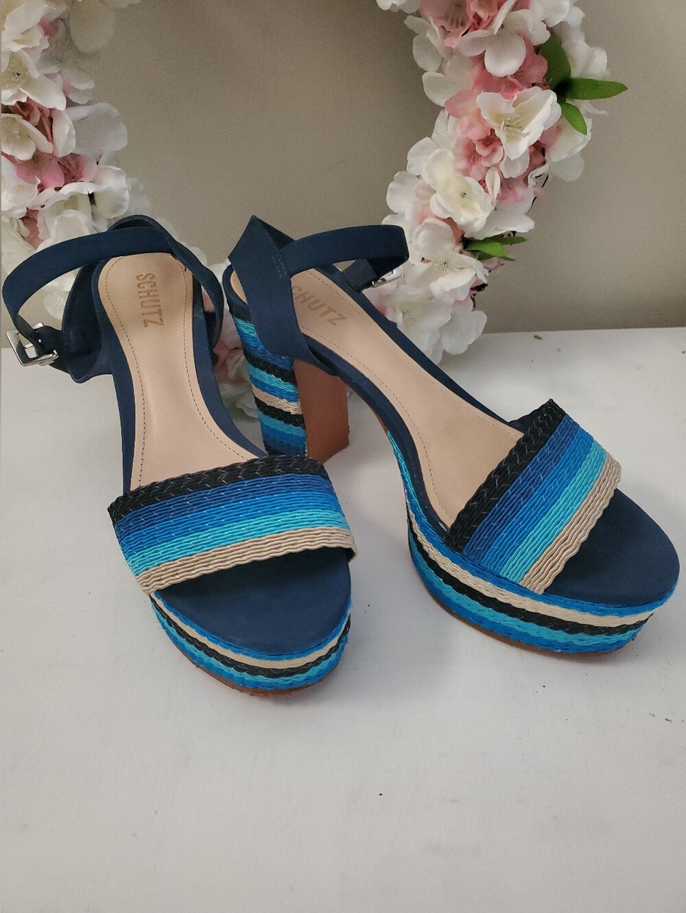 SCHUTZ Navy and Blue Striped Platform Sandals